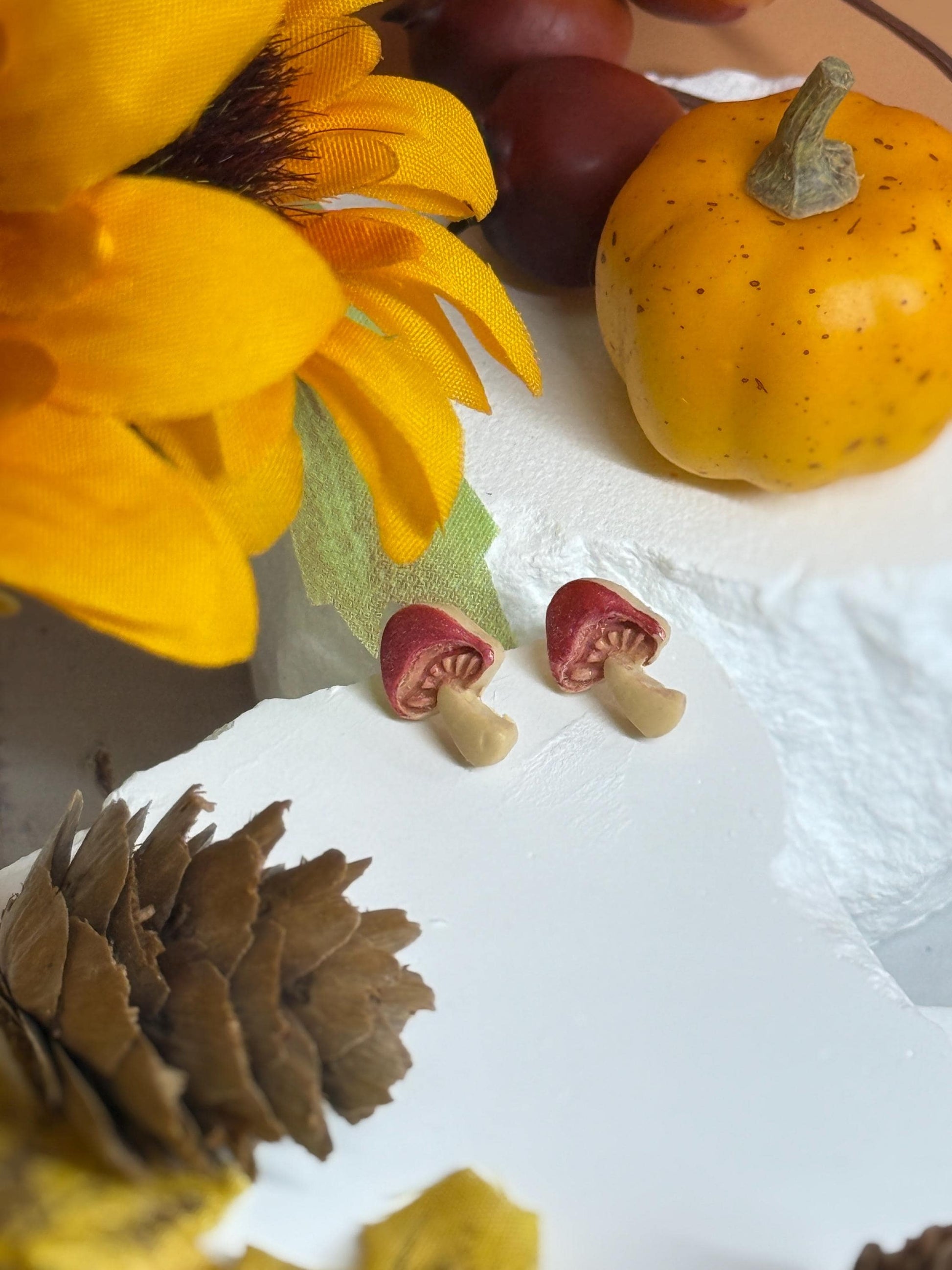 Mini Mushroom Stud Earrings – Polymer Clay Toadstool Posts, Autumn Cottagecore Gift