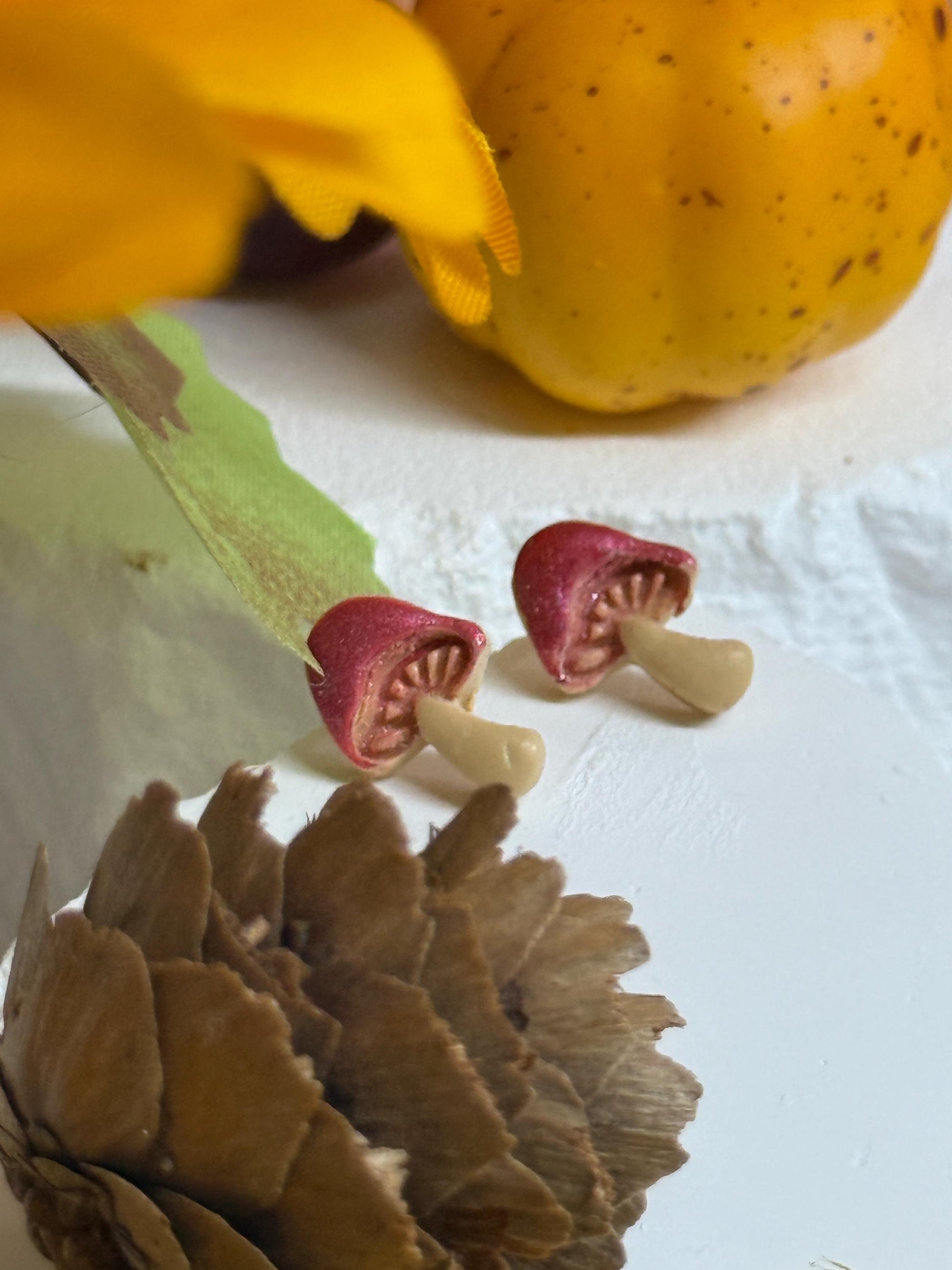 Mini Mushroom Stud Earrings – Polymer Clay Toadstool Posts, Autumn Cottagecore Gift