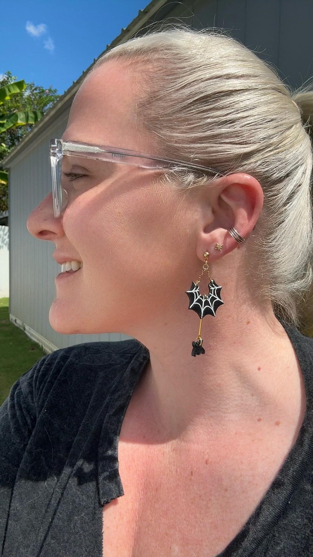 Spiderweb Ghost Dangle Earrings: Black & Gold Polymer Clay, Gold-Plated