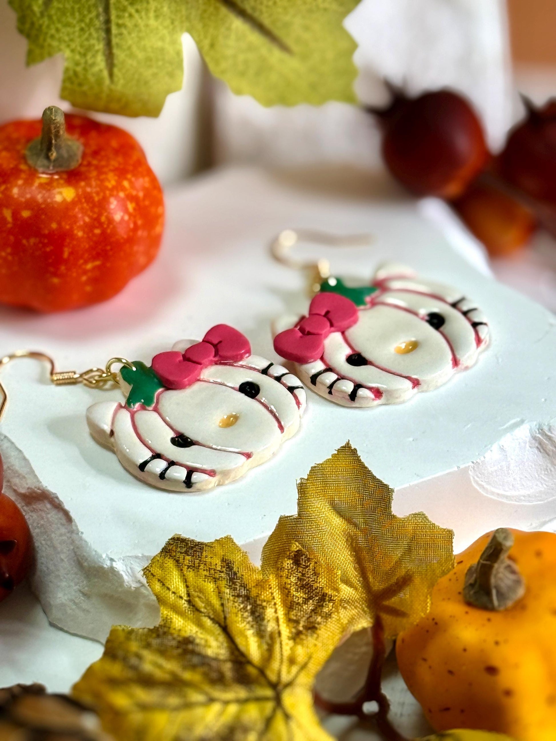 Pumpkin Kawaii Kitty Polymer Clay Earrings — Fall & Halloween