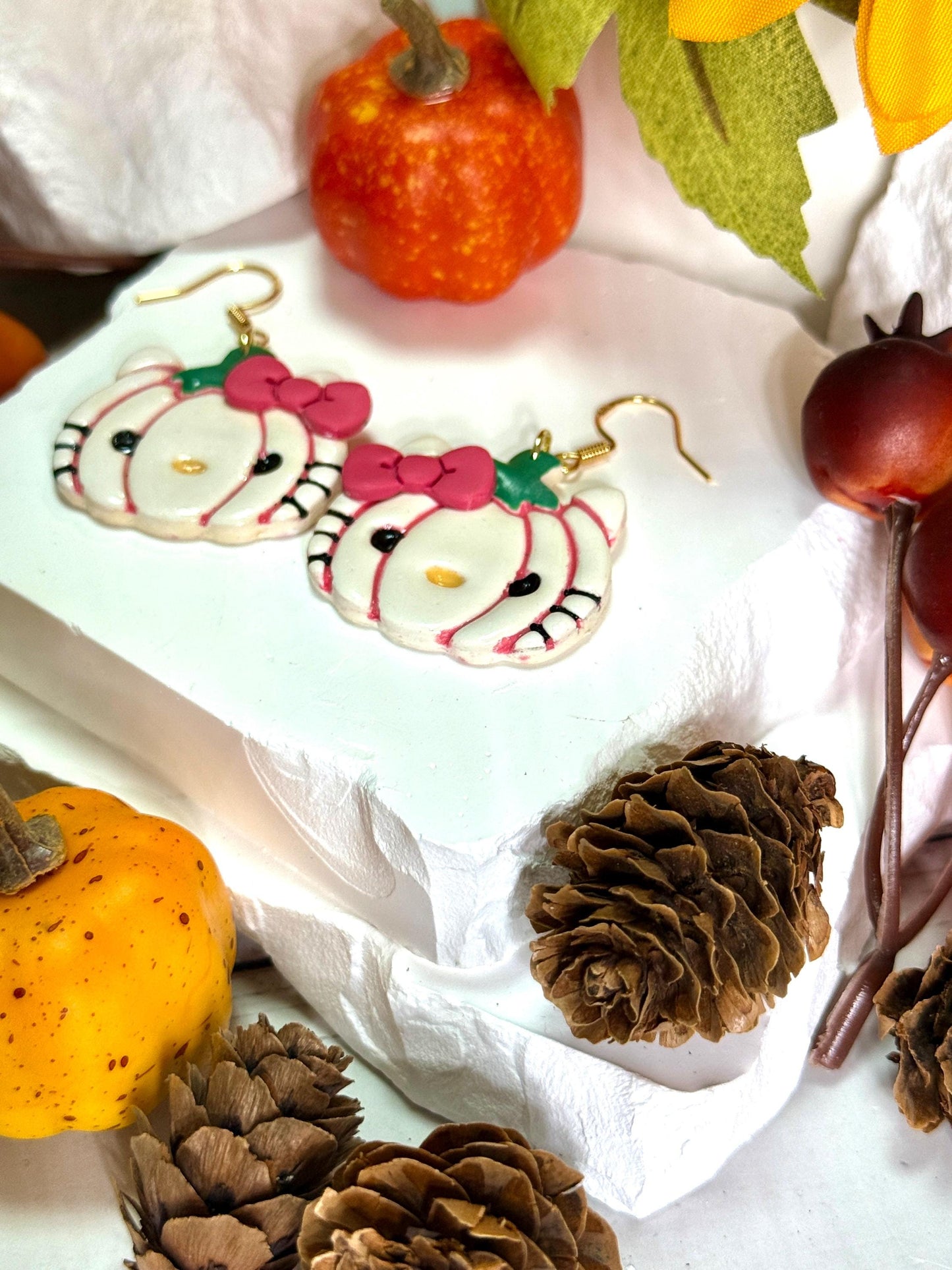 Pumpkin Kawaii Kitty Polymer Clay Earrings — Fall & Halloween