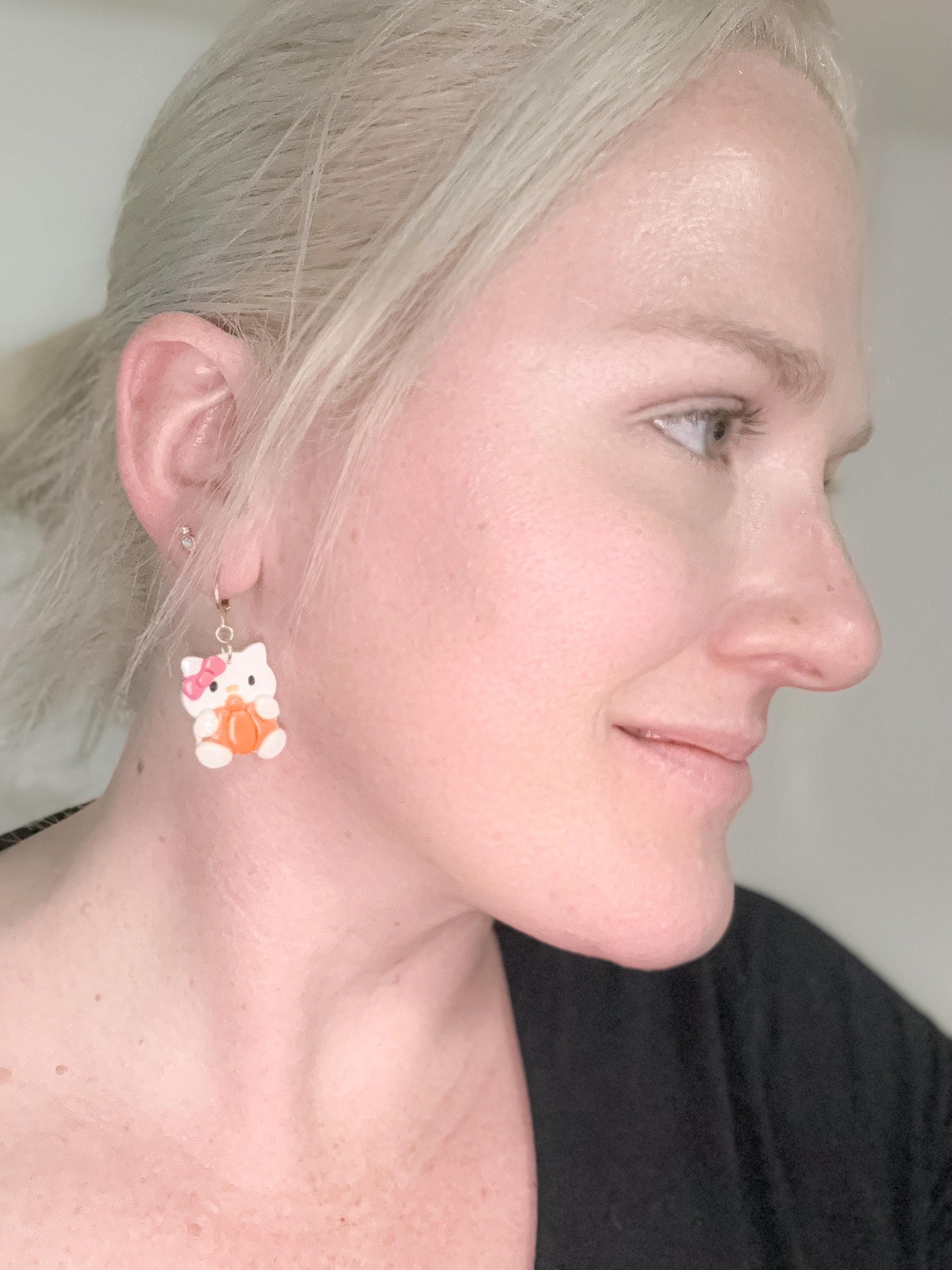 Kawaii Pumpkin Kitty Earrings — Polymer Clay & Resin (Fall/Halloween)