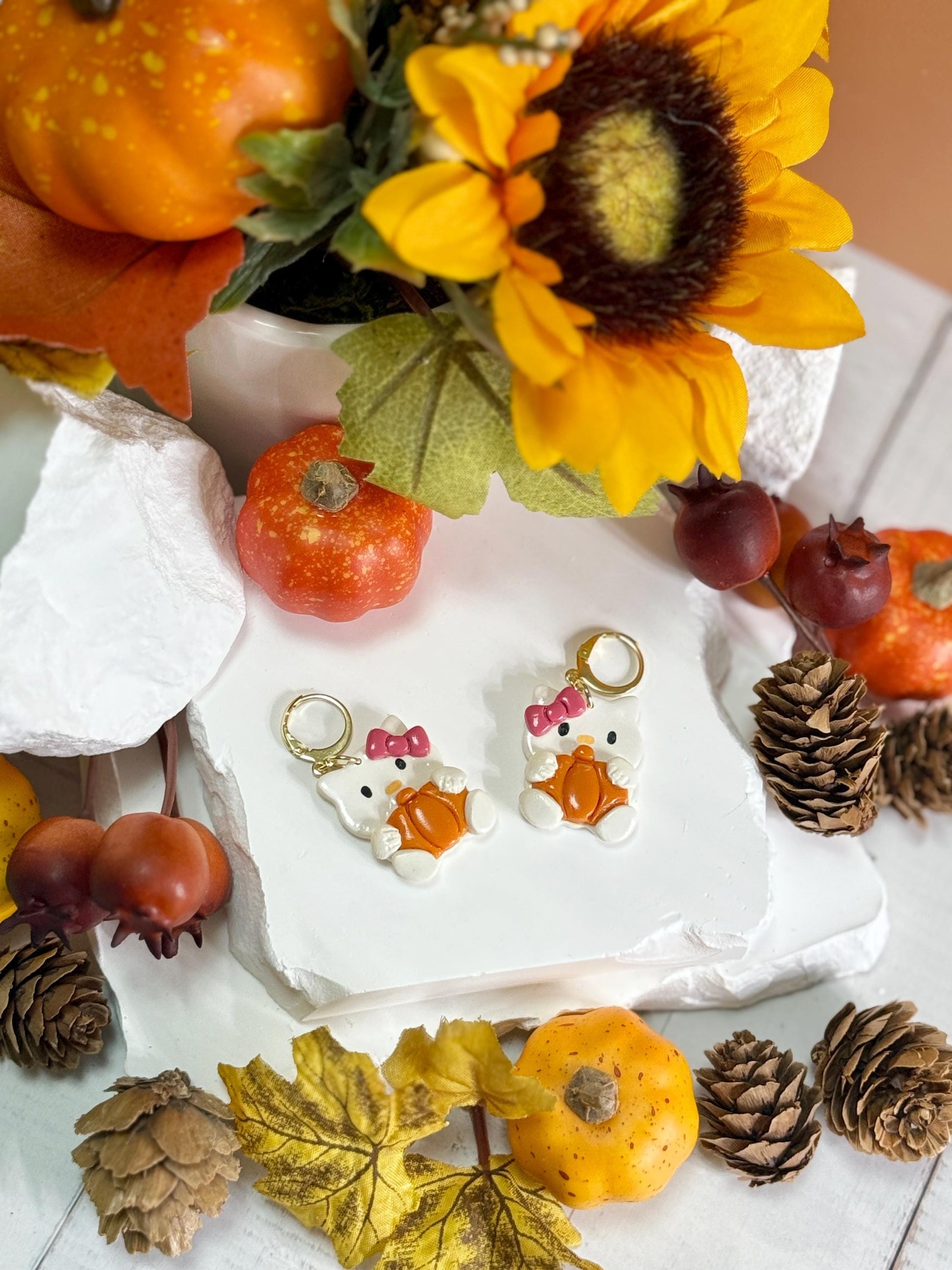 Kawaii Pumpkin Kitty Earrings — Polymer Clay & Resin (Fall/Halloween)