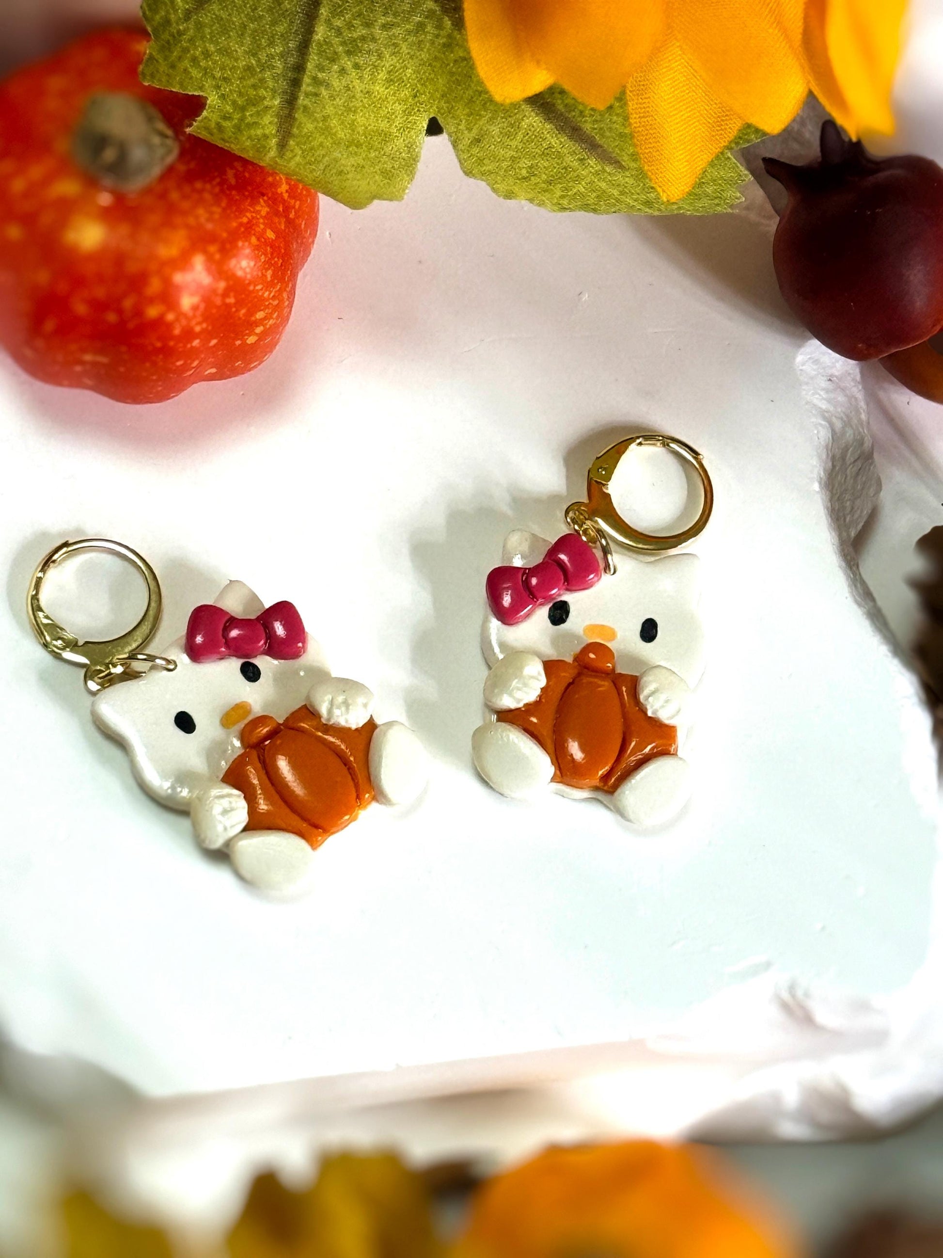 Kawaii Pumpkin Kitty Earrings — Polymer Clay & Resin (Fall/Halloween)