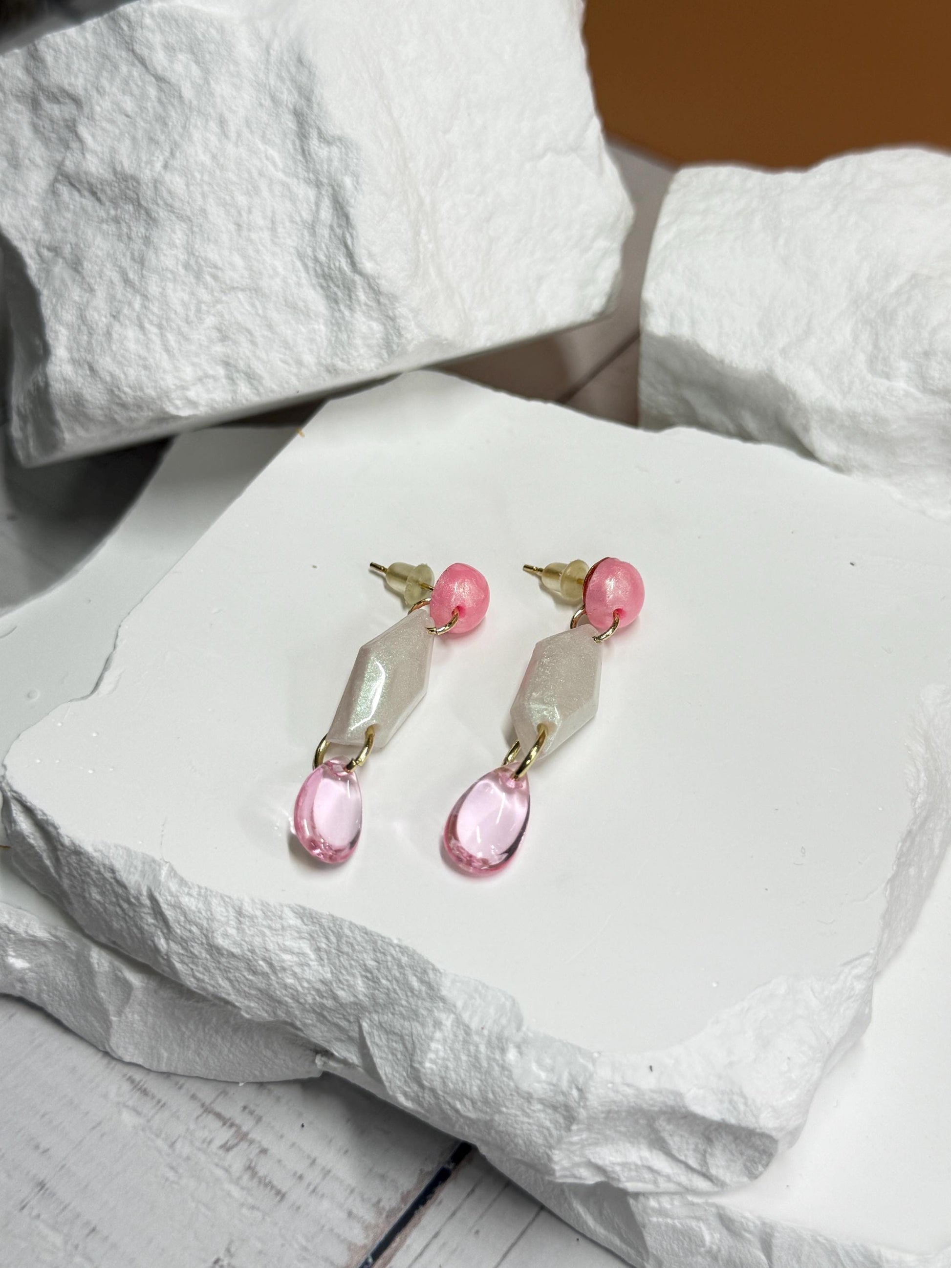 Pink Resin Dangle Earrings: Geometric Teardrop Statement Jewelry