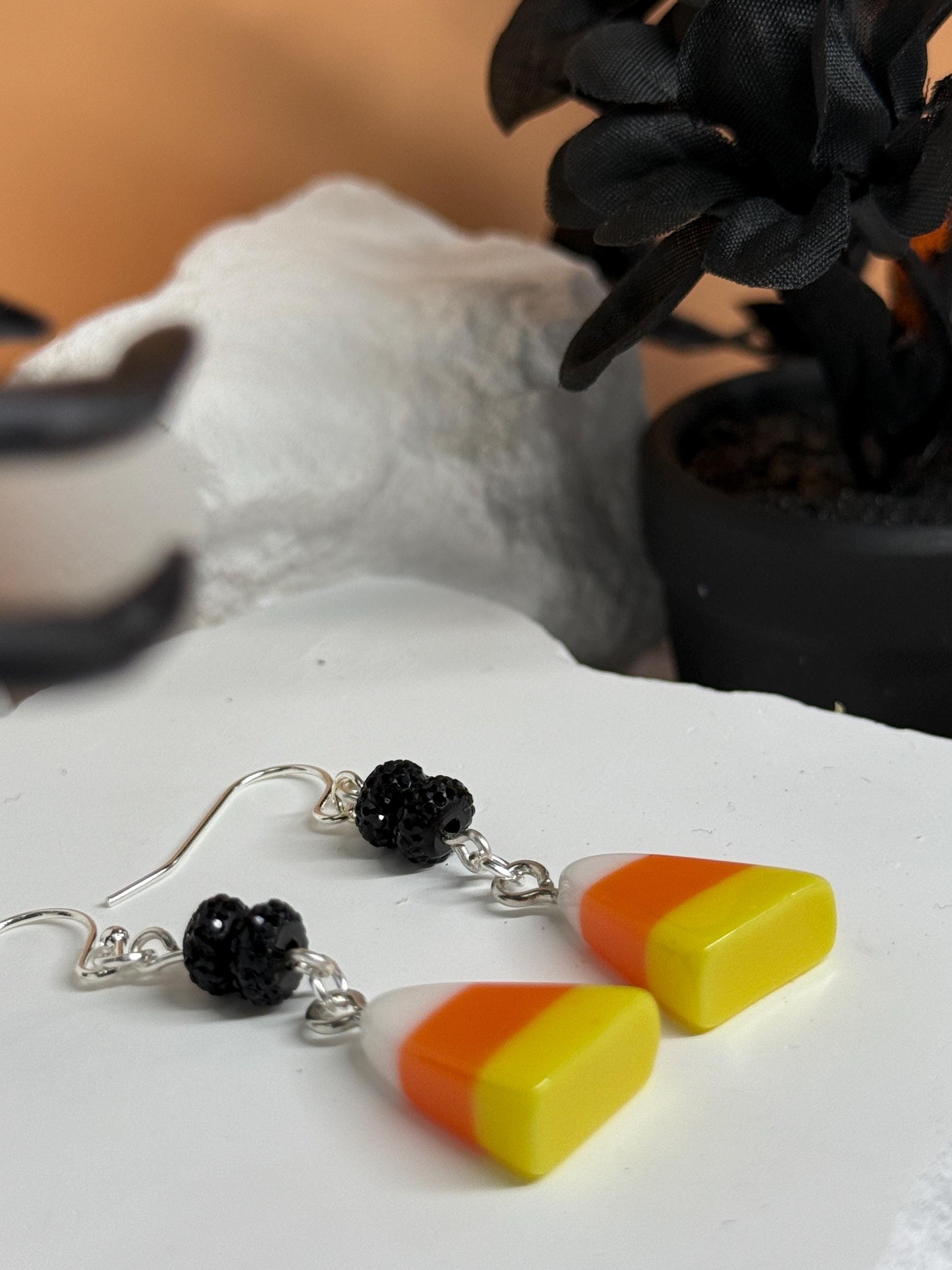 Candy Corn Dangle Earrings: Sterling Silver, Spooky Fall Jewelry