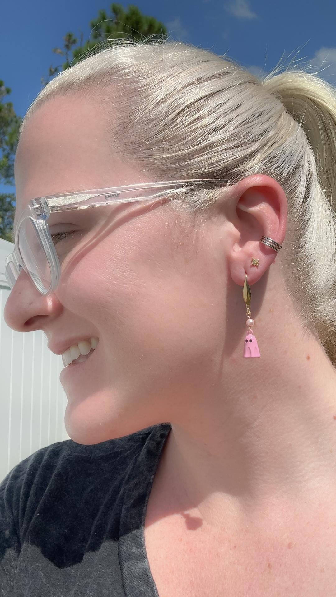 Pink Ghost Dangle Earrings with Gold & Pearl Accent | Spooky-Cute Halloween Jewelry
