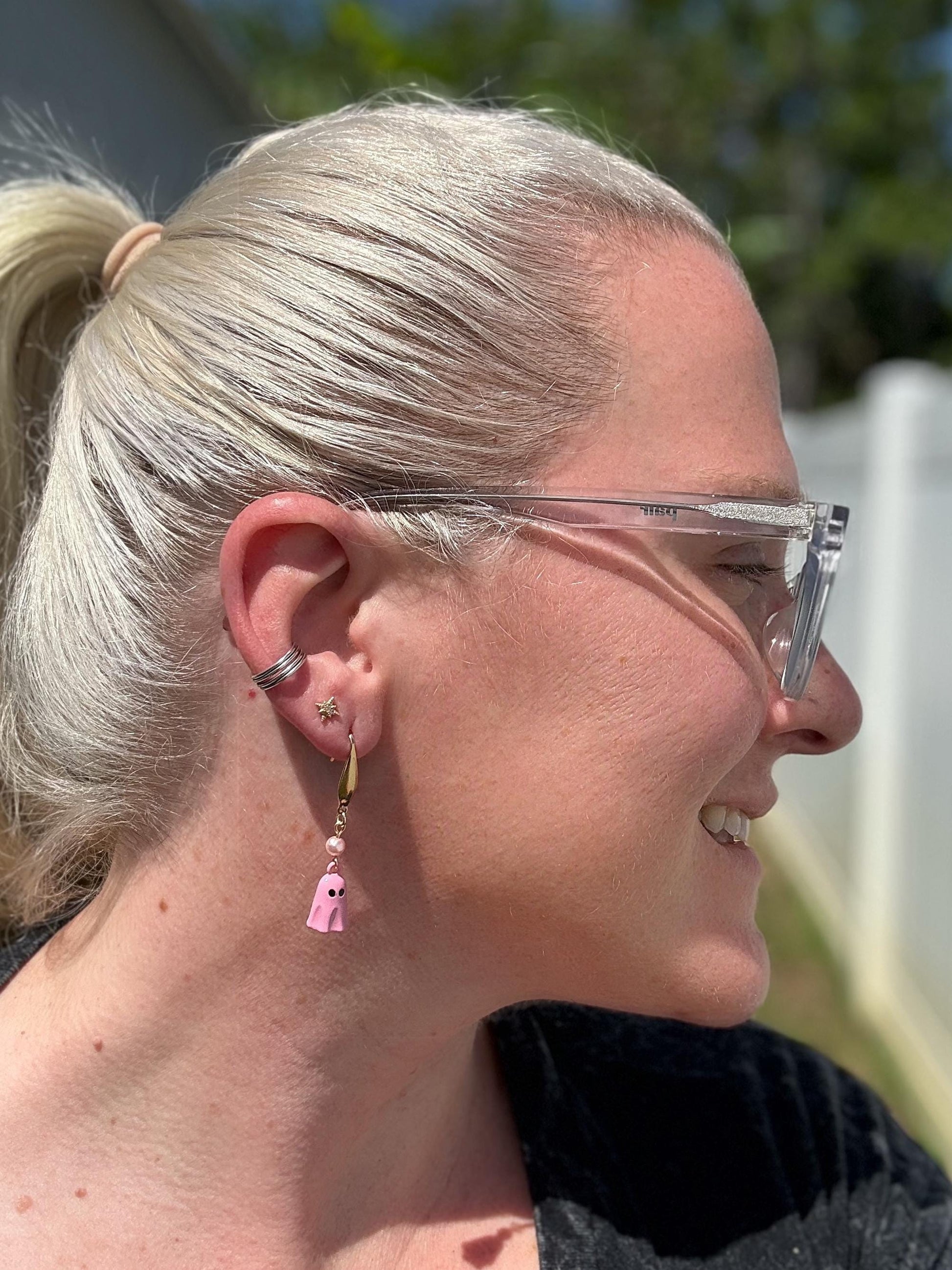 Pink Ghost Dangle Earrings with Gold & Pearl Accent | Spooky-Cute Halloween Jewelry