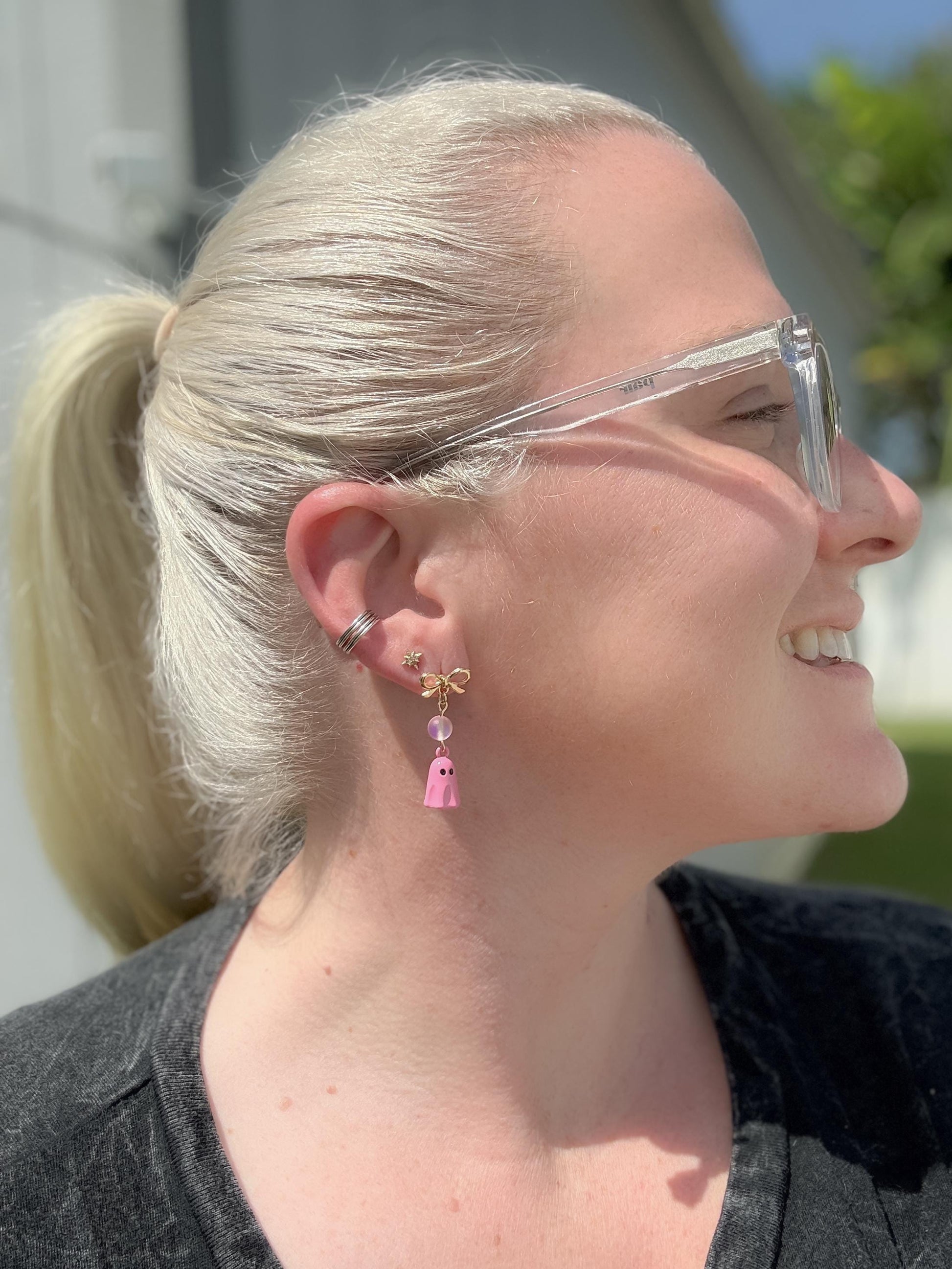 Pink Ghost Dangle Earrings with Gold & Pearl Accent | Spooky-Cute Halloween Jewelry