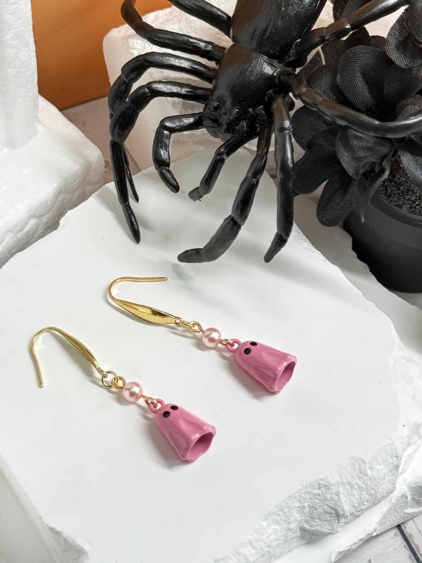 Pink Ghost Dangle Earrings with Gold & Pearl Accent | Spooky-Cute Halloween Jewelry