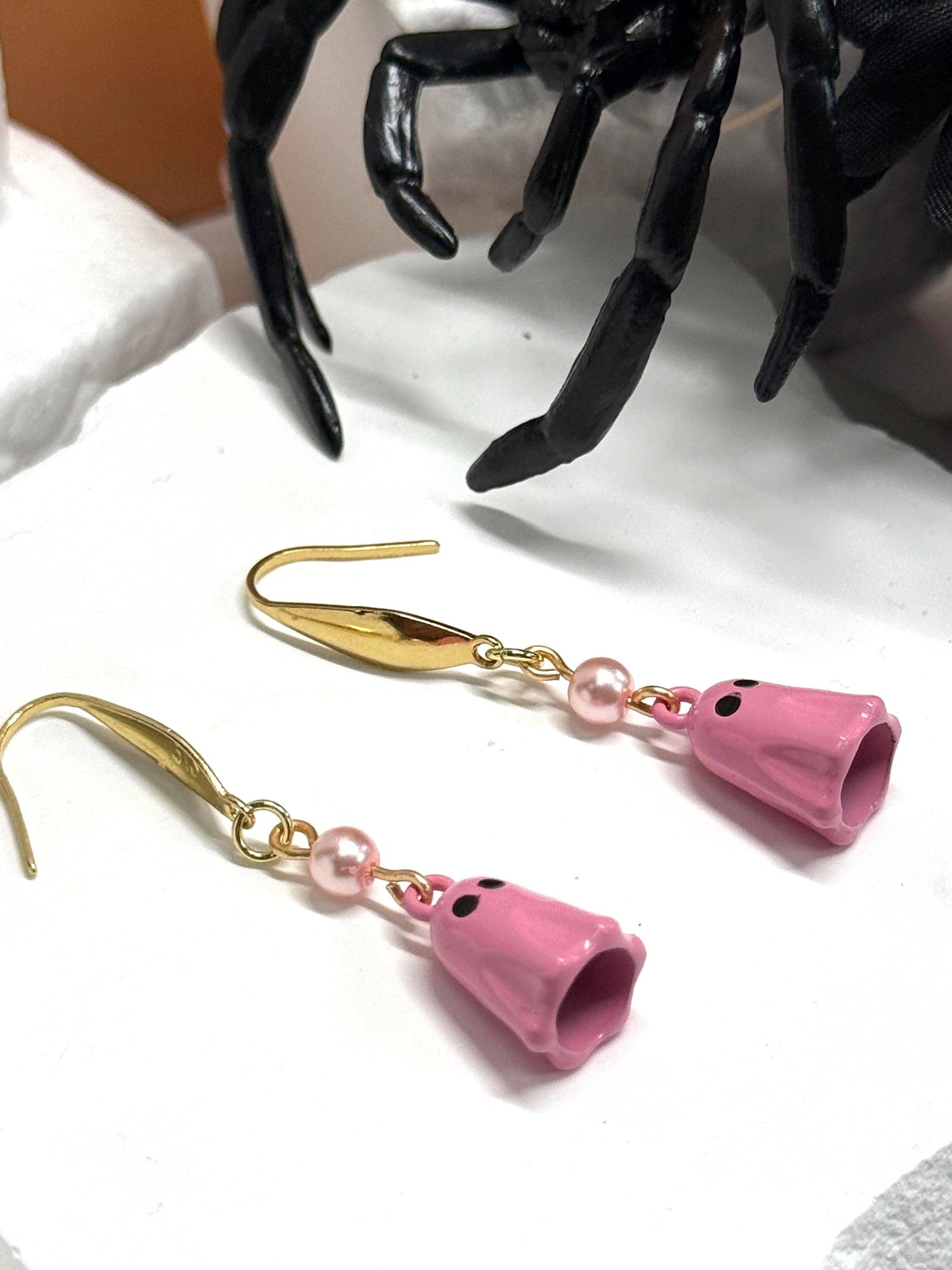 Pink Ghost Dangle Earrings with Gold & Pearl Accent | Spooky-Cute Halloween Jewelry
