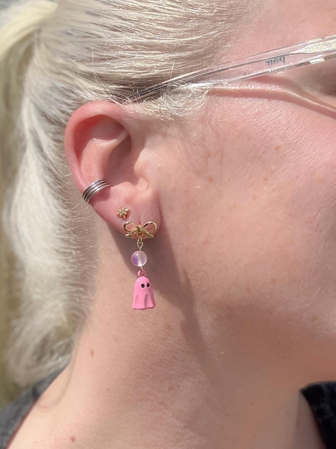 Pink Ghost Bow Earrings | Pastel Halloween Dangles