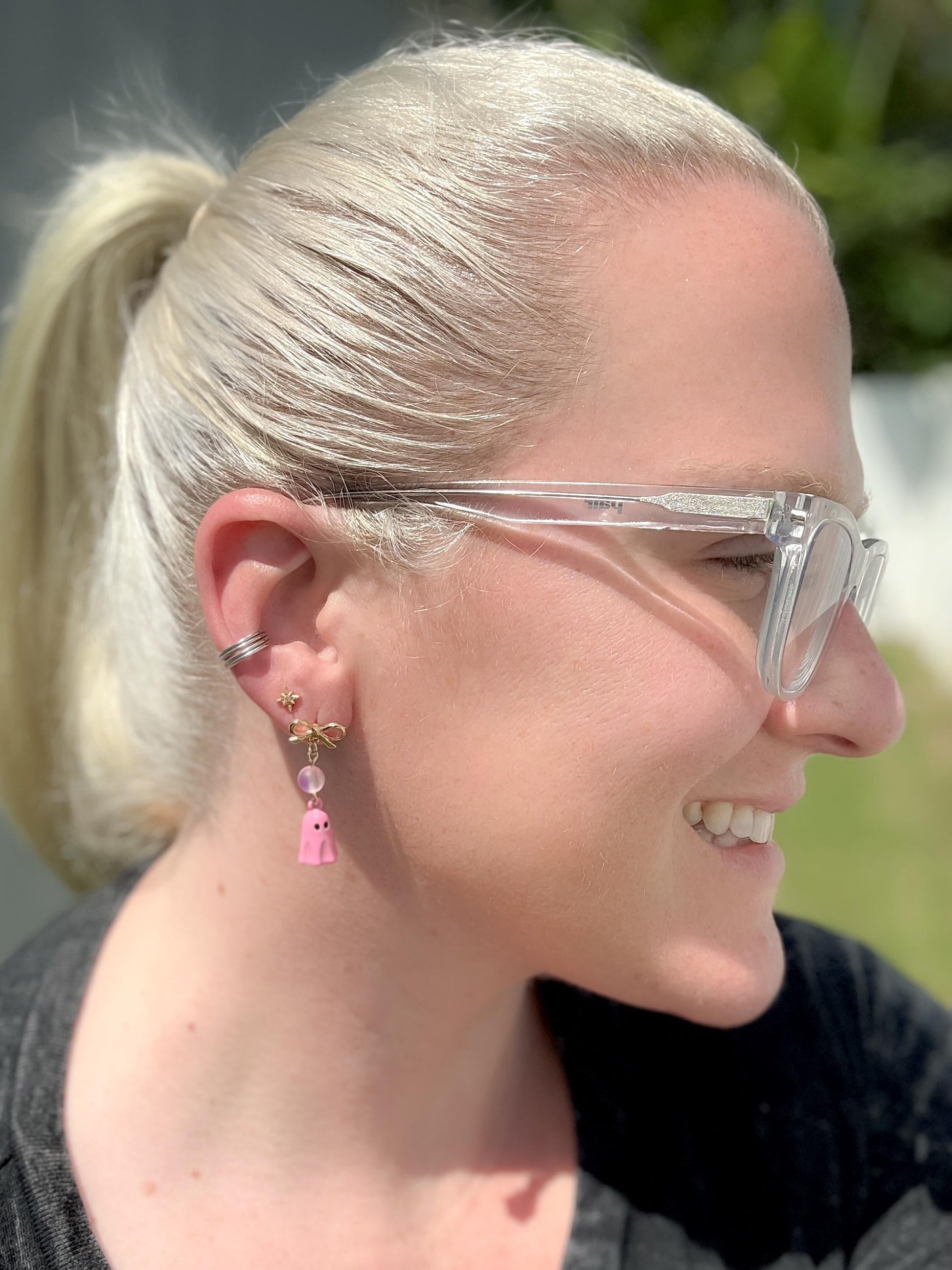 Pink Ghost Bow Earrings | Pastel Halloween Dangles