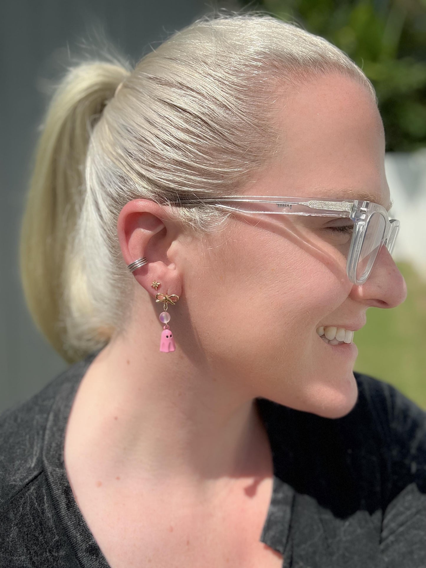 Pink Ghost Bow Earrings | Pastel Halloween Dangles