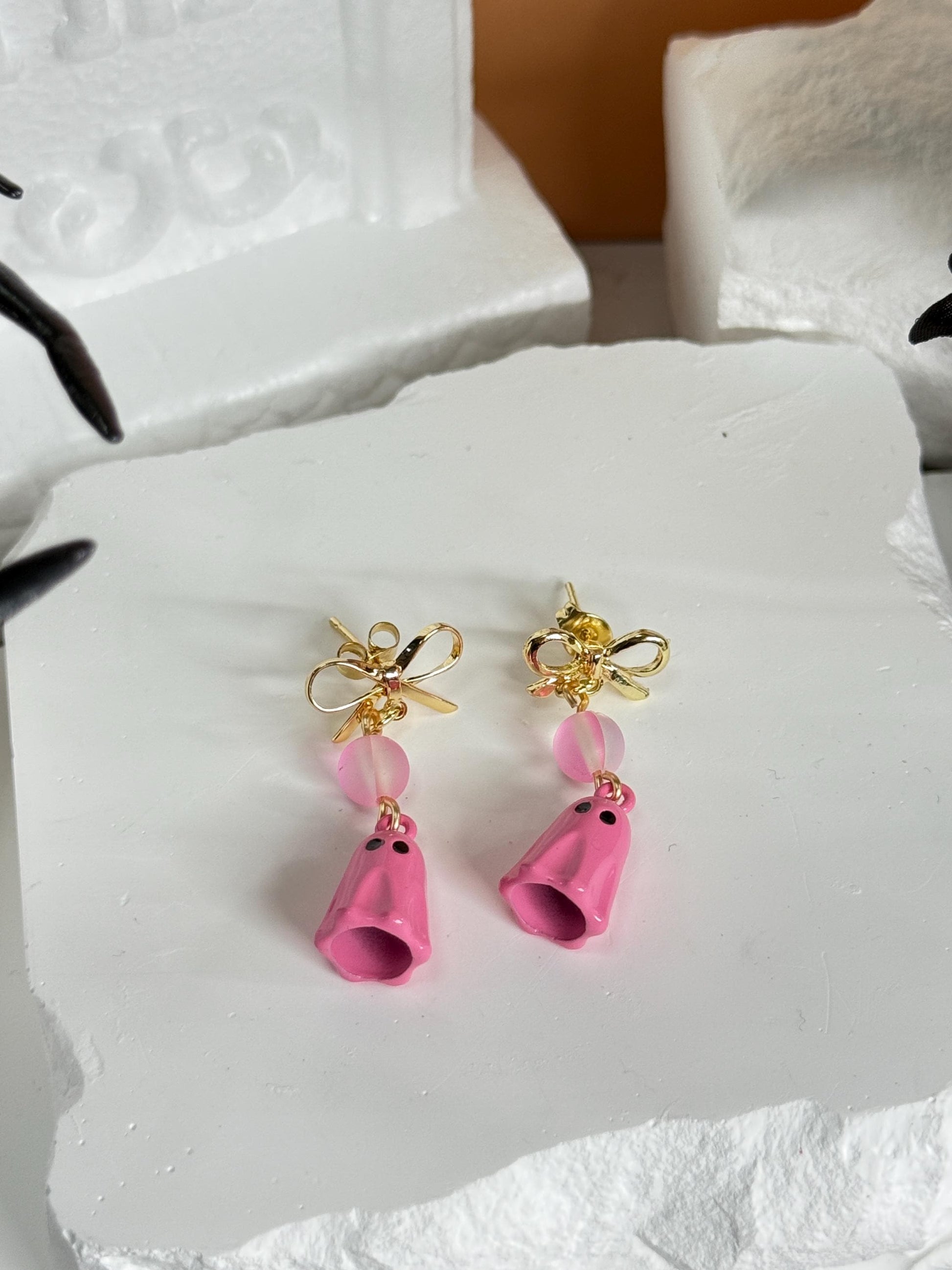Pink Ghost Bow Earrings | Pastel Halloween Dangles