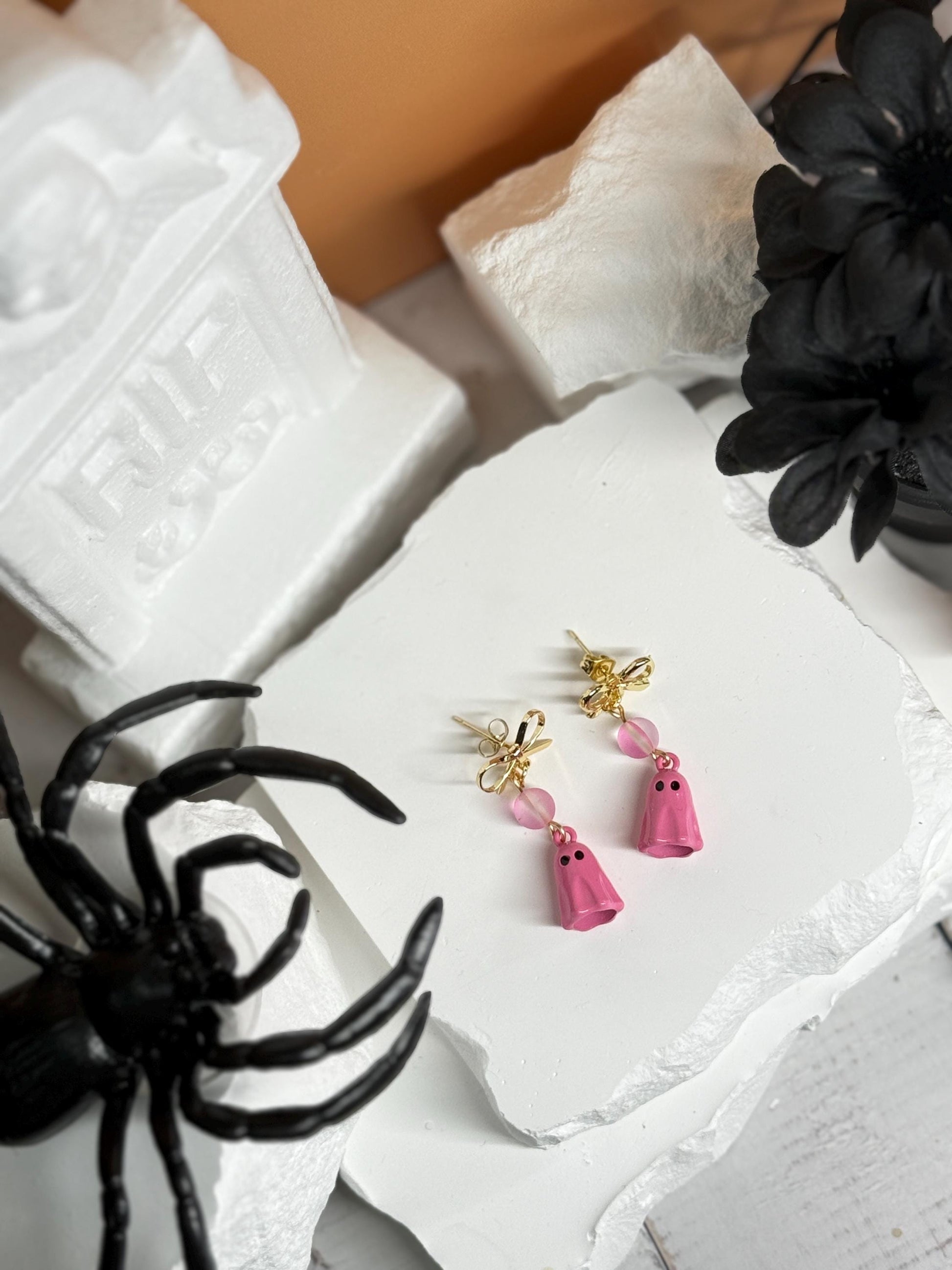 Pink Ghost Bow Earrings | Pastel Halloween Dangles