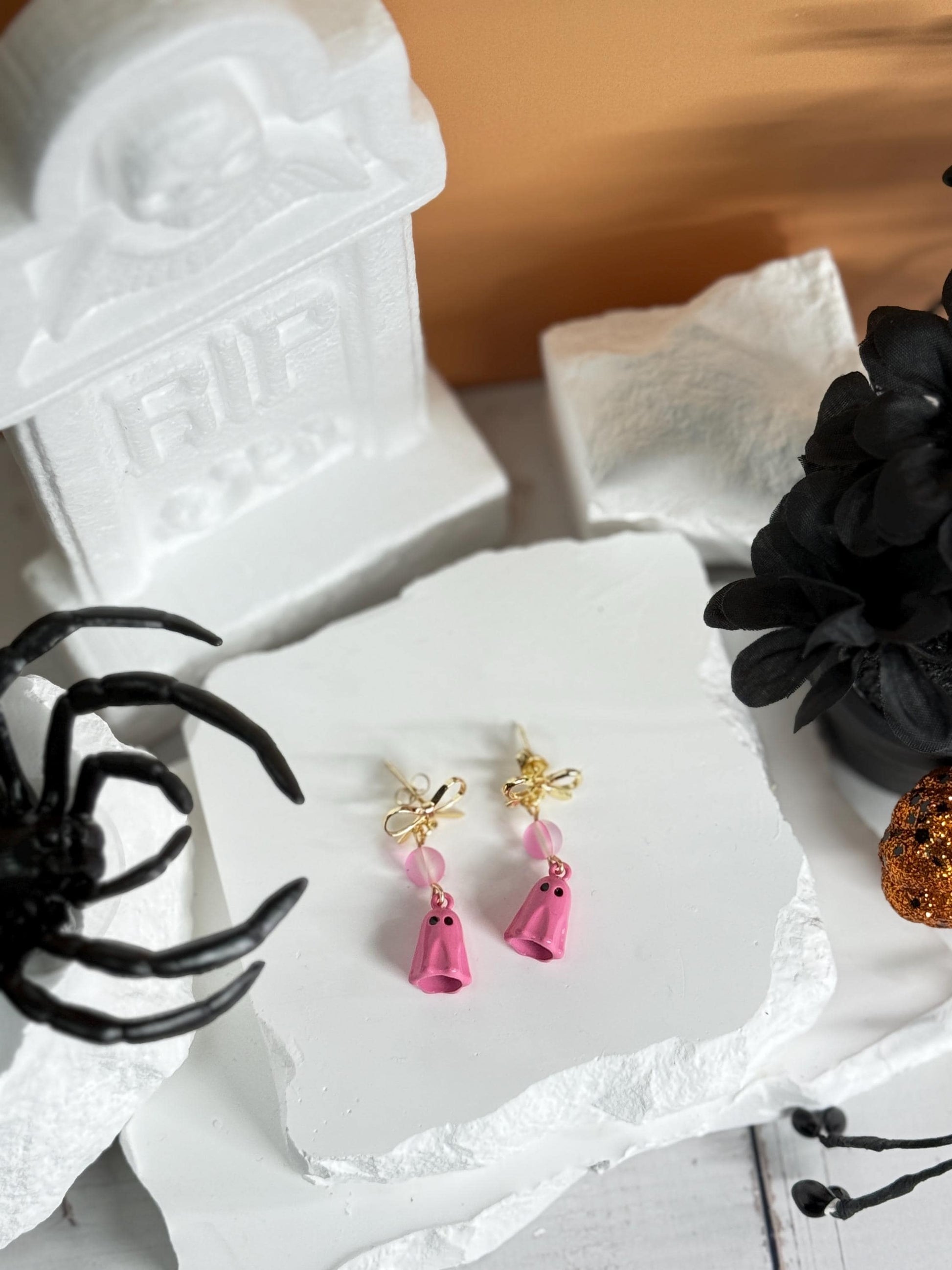 Pink Ghost Bow Earrings | Pastel Halloween Dangles
