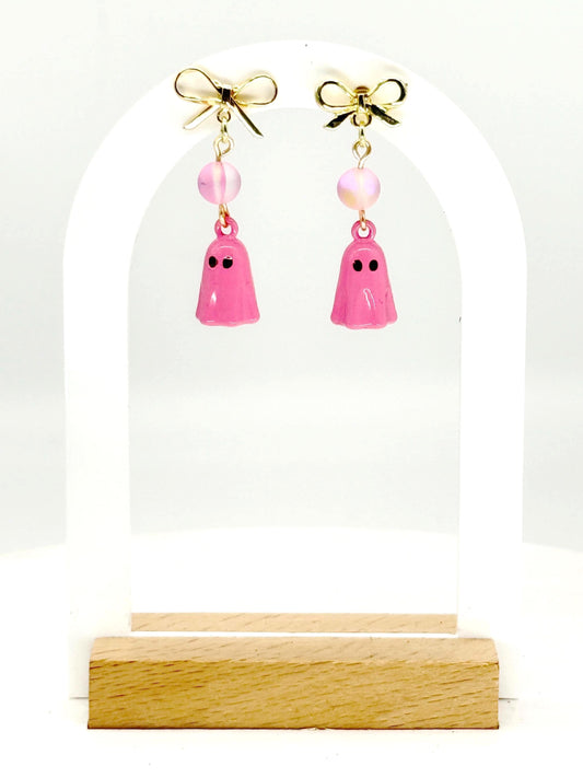 Pink Ghost Bow Earrings | Pastel Halloween Dangles