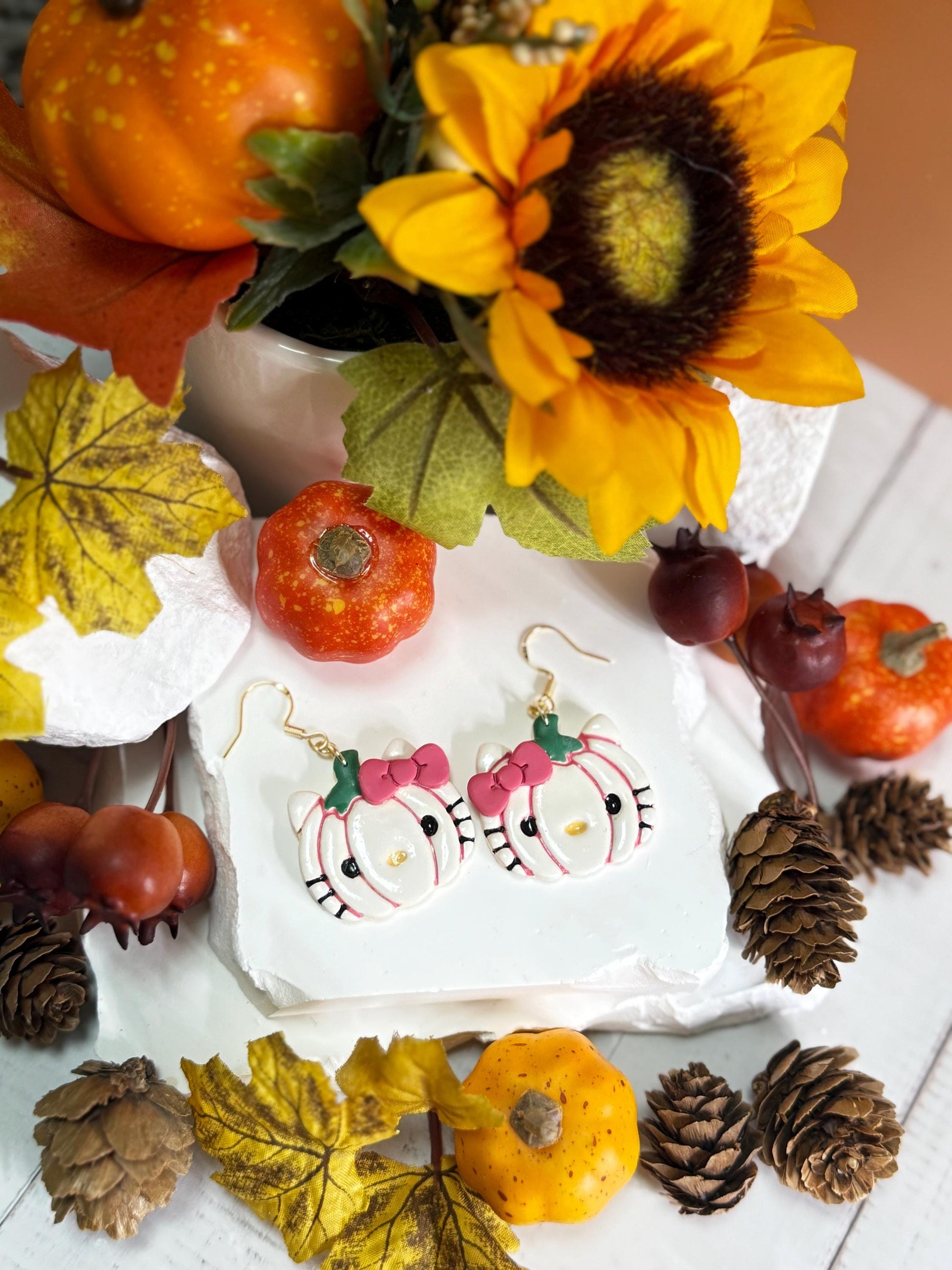 Pumpkin Kawaii Kitty Polymer Clay Earrings — Fall & Halloween