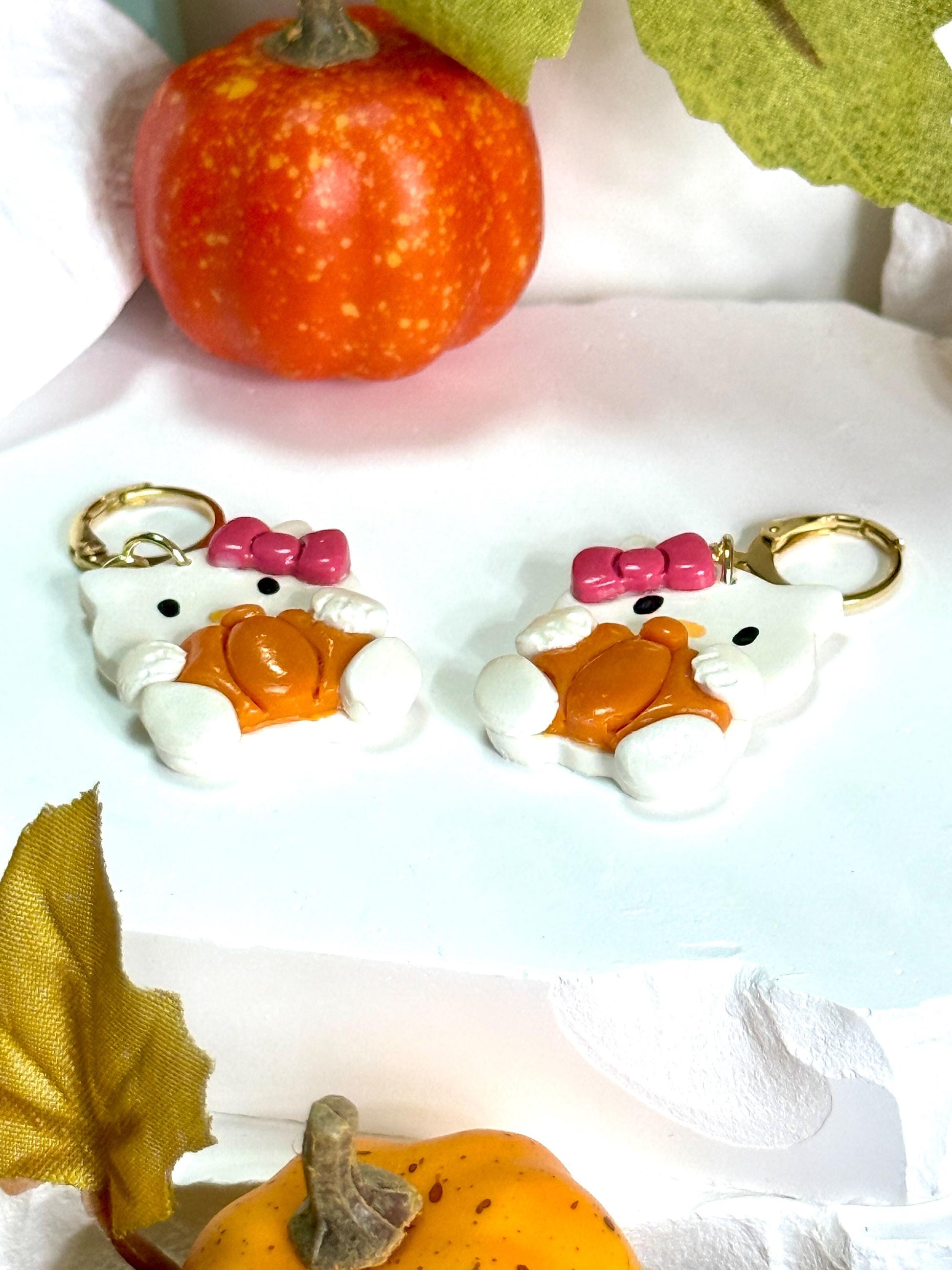 Kawaii Pumpkin Kitty Earrings — Polymer Clay & Resin (Fall/Halloween)