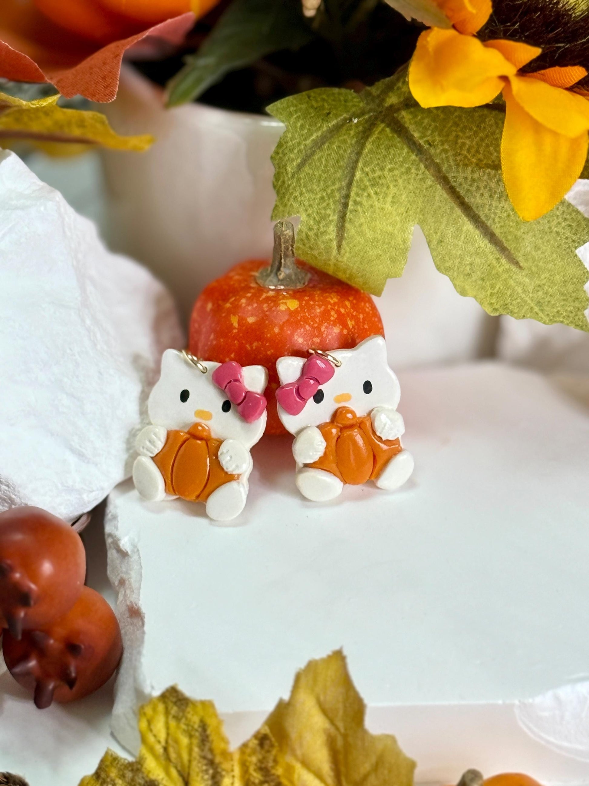 Kawaii Pumpkin Kitty Earrings — Polymer Clay & Resin (Fall/Halloween)