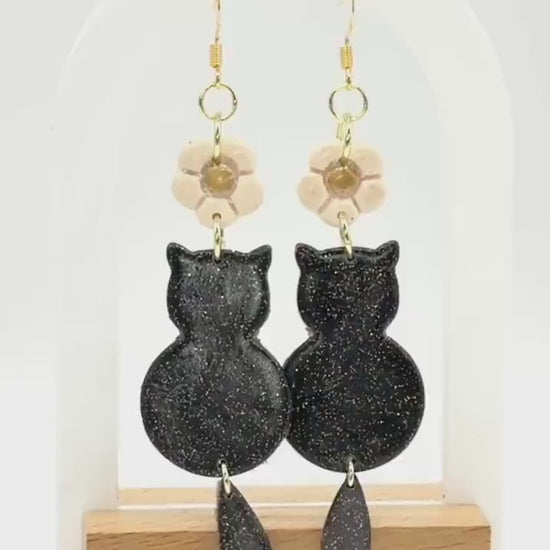 Black Cat Dangle Earrings: Polymer Clay Kitty, Halloween Jewelry