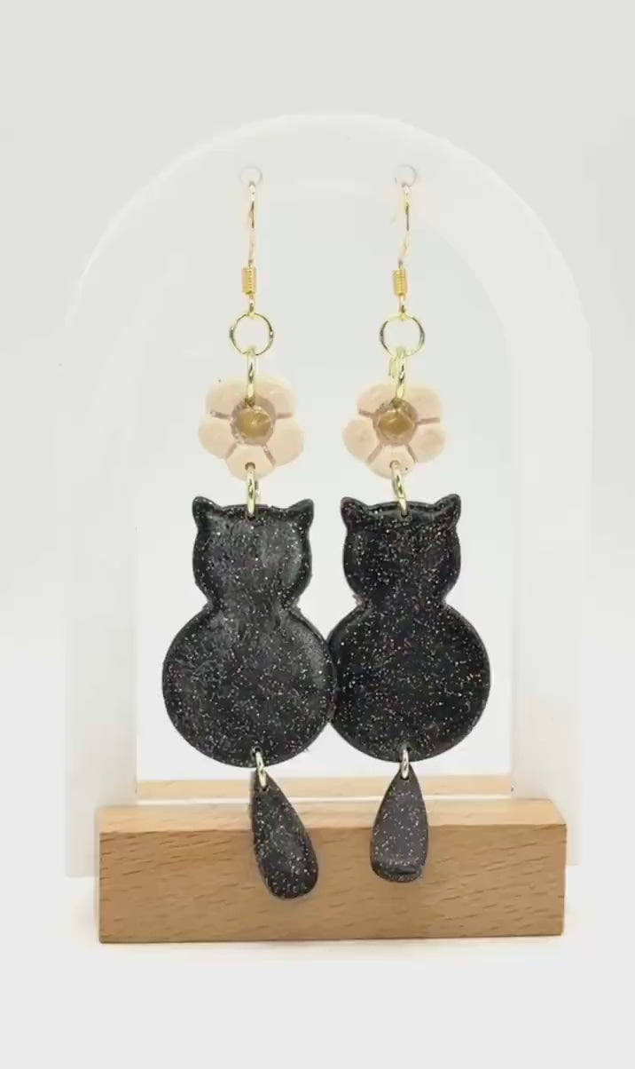 Black Cat Dangle Earrings: Polymer Clay Kitty, Halloween Jewelry