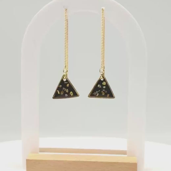 Simple Black Resin Threader Earrings – Modern Gold Pebbles, Triangle Pendant