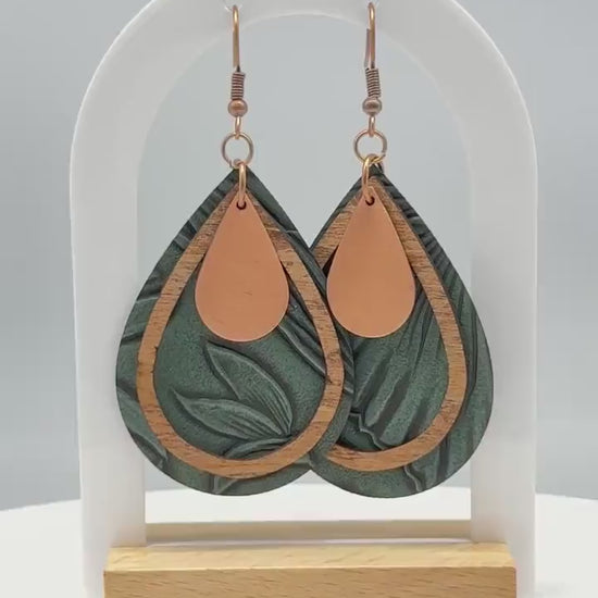 Green Leather Teardrop Earrings with Wood & Metal Accents | Handmade Boho Jewelry