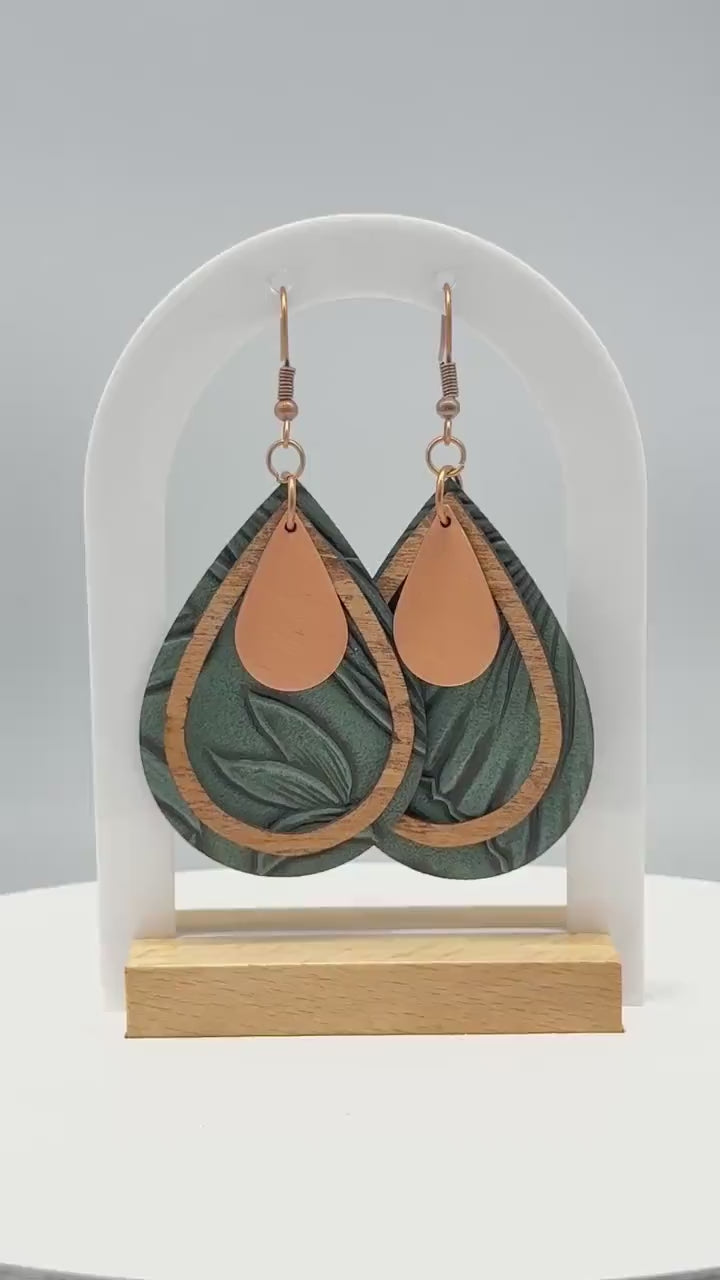 Green Leather Teardrop Earrings with Wood & Metal Accents | Handmade Boho Jewelry