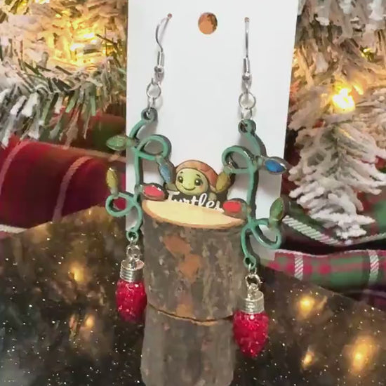 Handmade Red Light Bulb Earrings with Woodcut String Lights - Resin-Coated, Festive Dangle Jewelry