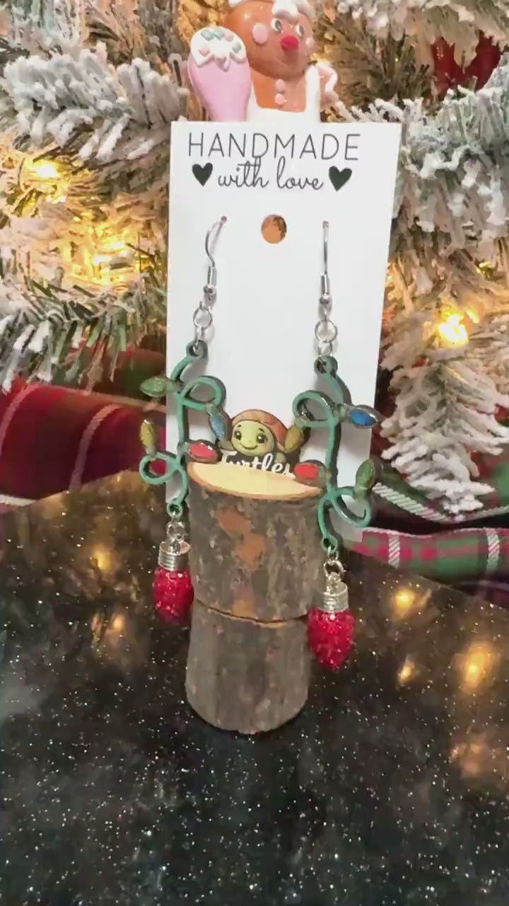 Handmade Red Light Bulb Earrings with Woodcut String Lights - Resin-Coated, Festive Dangle Jewelry