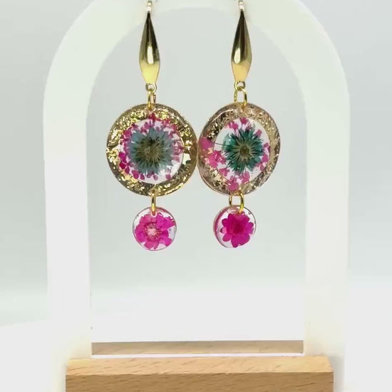 Handcrafted Resin Floral Earrings – Pink & Green Blooms with Gold Accents