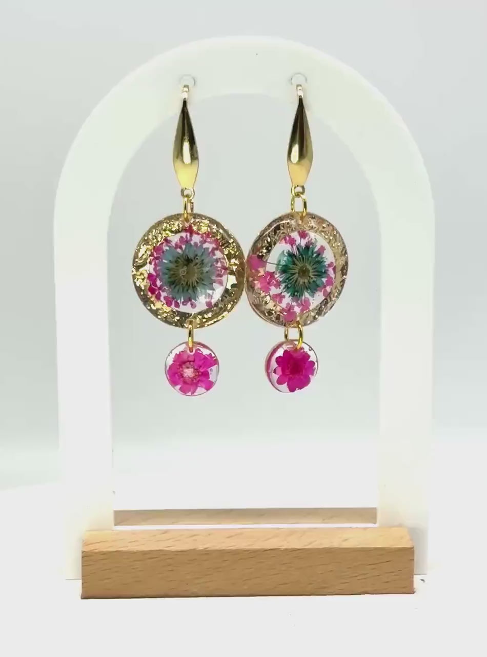 Handcrafted Resin Floral Earrings – Pink & Green Blooms with Gold Accents