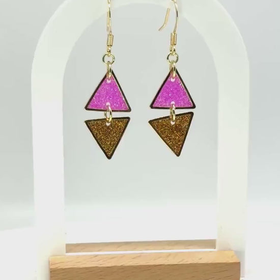 Handcrafted Resin Triangle Earrings – Pink & Gold Glitter, Modern Geometric Design