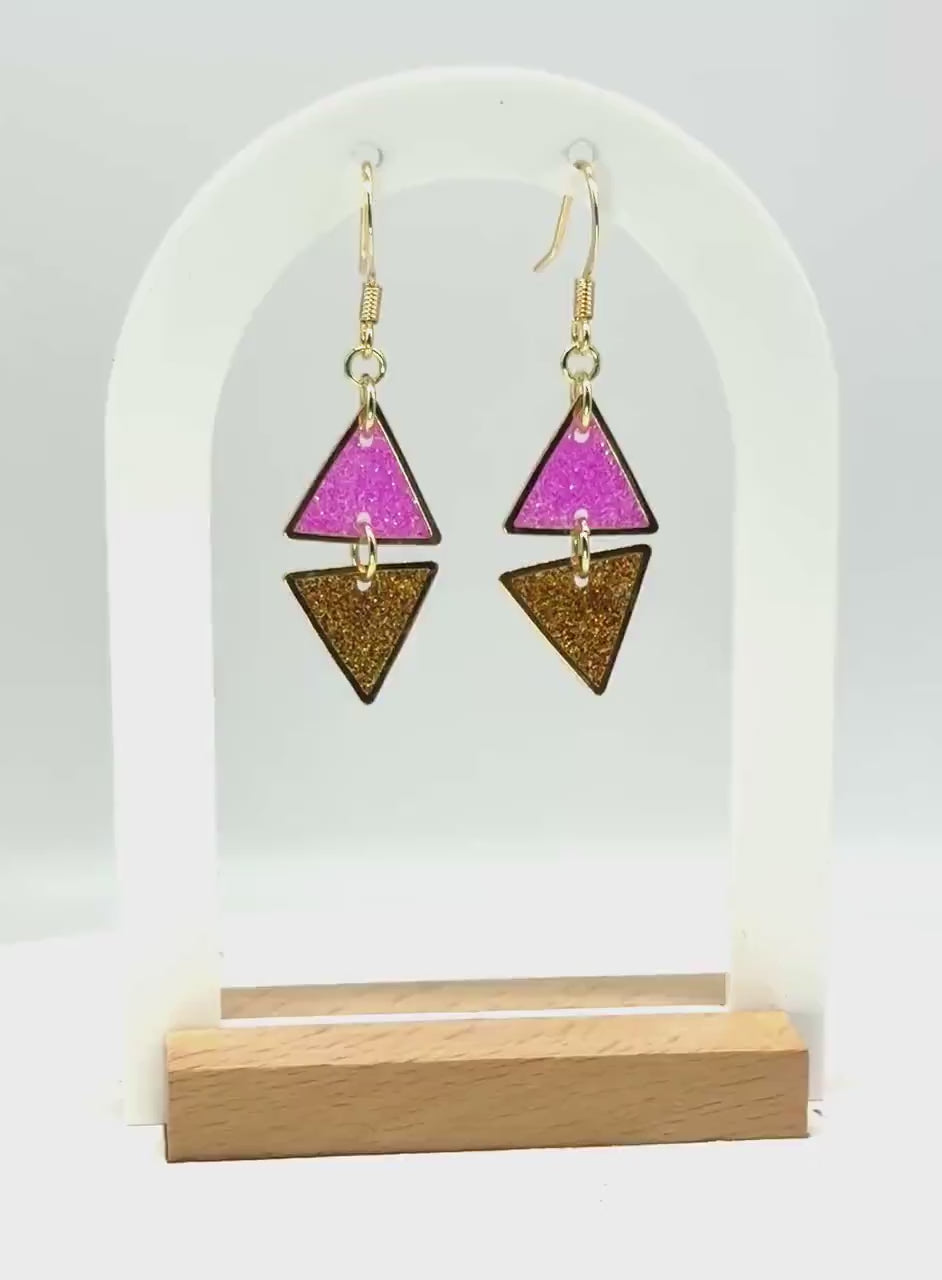 Handcrafted Resin Triangle Earrings – Pink & Gold Glitter, Modern Geometric Design