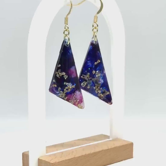 Handmade Resin Dangle Earrings: Dark Blue, Fuchsia Accent, Gold French Hook