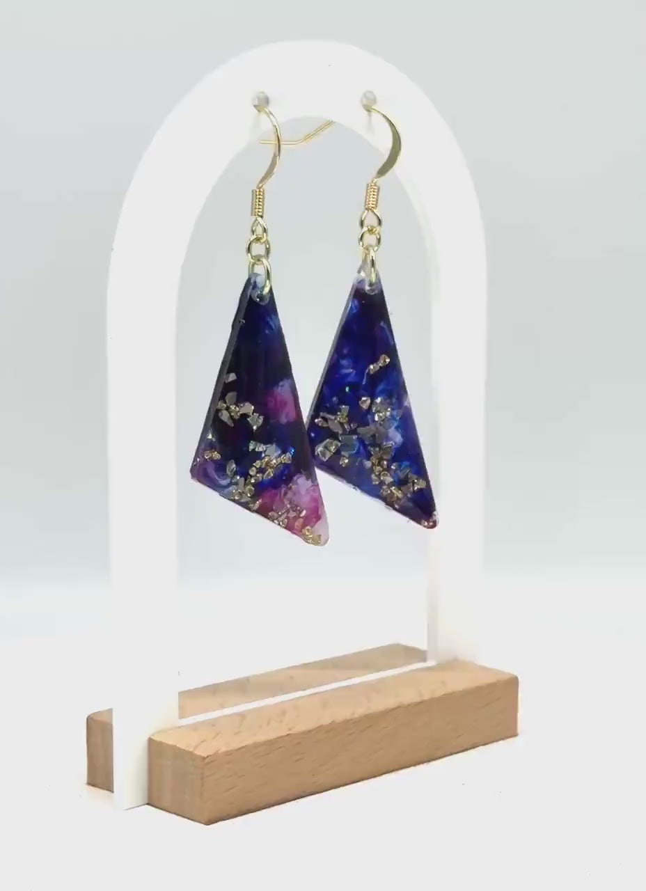 Handmade Resin Dangle Earrings: Dark Blue, Fuchsia Accent, Gold French Hook