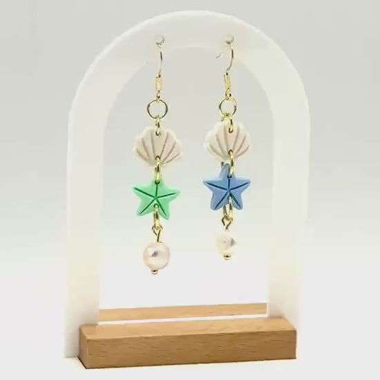 Funky earrings, baroque pearl earrings – Mermaid-inspired polymer clay seashell & starfish dangles | Handmade beach jewelry