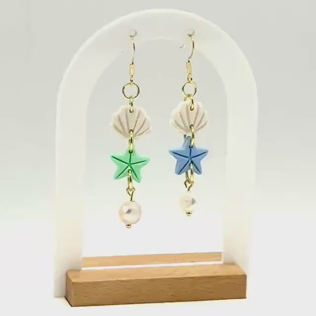 Funky earrings, baroque pearl earrings – Mermaid-inspired polymer clay seashell & starfish dangles | Handmade beach jewelry