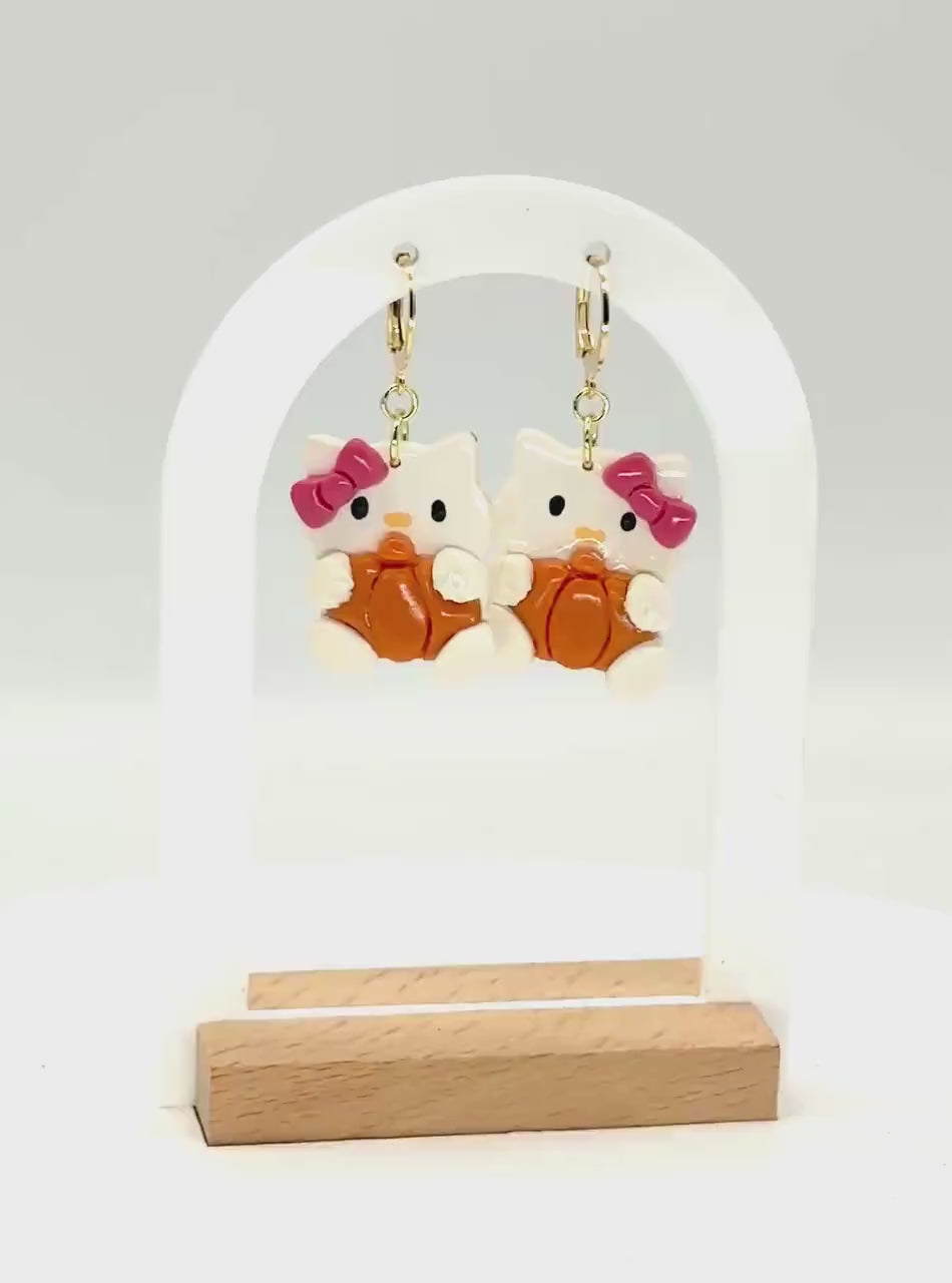 Kawaii Pumpkin Kitty Earrings — Polymer Clay & Resin (Fall/Halloween)