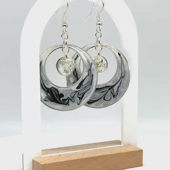 Handmade Swirl Resin Hoop Earrings – Modern Monochrome Design with Silver Accents