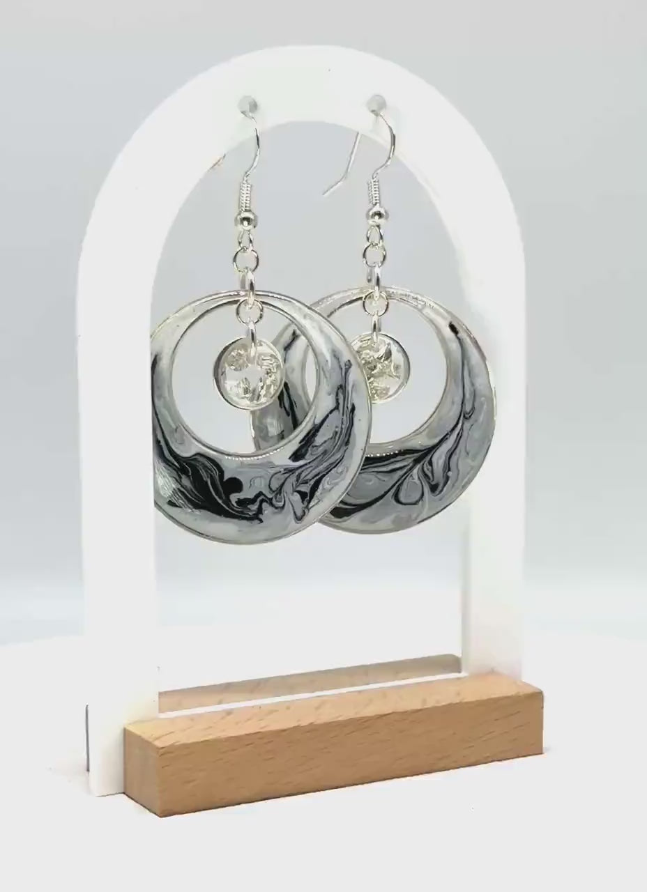 Handmade Swirl Resin Hoop Earrings – Modern Monochrome Design with Silver Accents