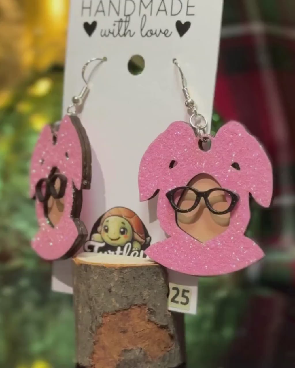 Handmade Pink Bunny Earrings: Glitter Holiday Movie Jewelry
