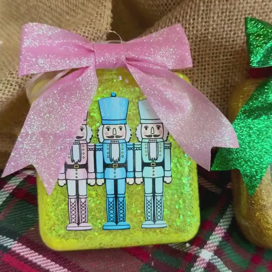 Glitter Nutcracker Christmas Ornament: Square Shatterproof Decor with Bow