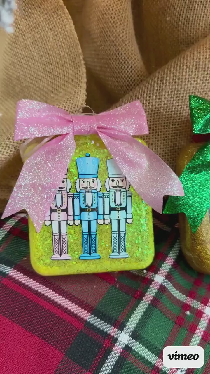 Glitter Nutcracker Christmas Ornament: Square Shatterproof Decor with Bow