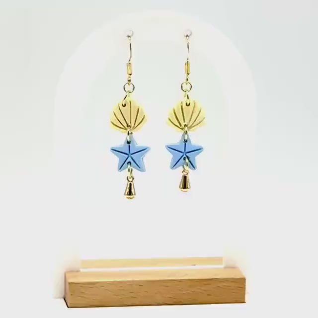 Polymer Clay Seashell Starfish Earrings: Handmade Gold Dangle Beach Jewelry
