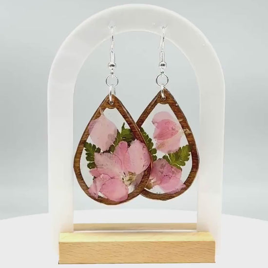 Pink Real Flower Resin & Wood Teardrop Earrings – Handmade Botanical Jewelry