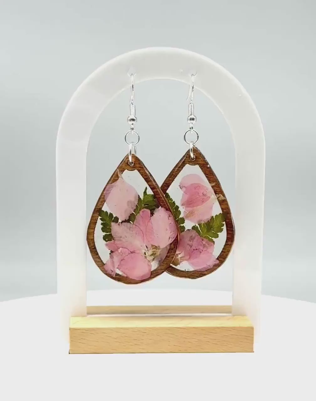 Pink Real Flower Resin & Wood Teardrop Earrings – Handmade Botanical Jewelry