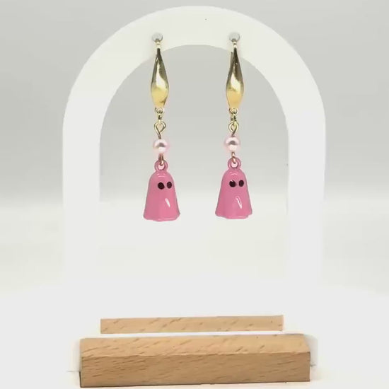 Pink Ghost Dangle Earrings with Gold & Pearl Accent | Spooky-Cute Halloween Jewelry